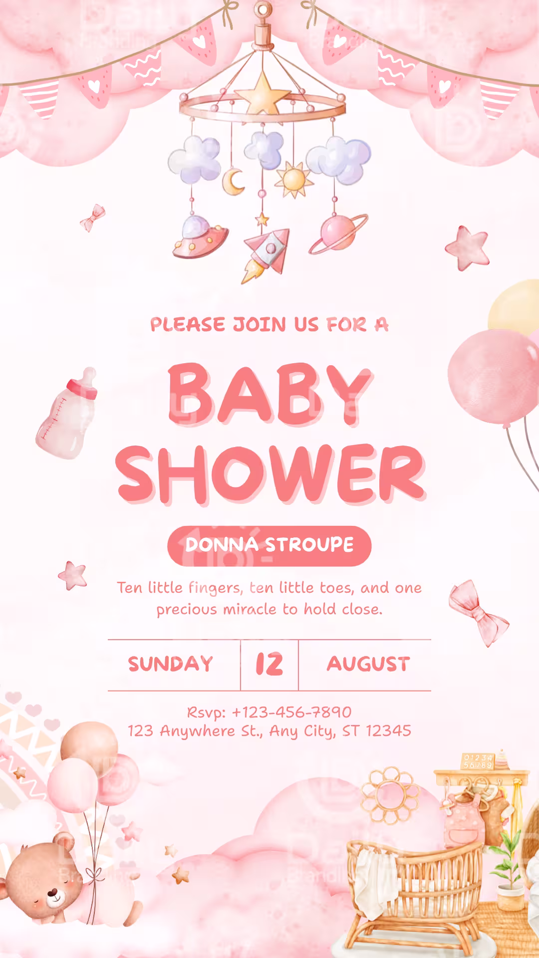 Whimsical Pink Outer Space & Cozy Nursery Baby Shower Invitation Card | DBI- 31